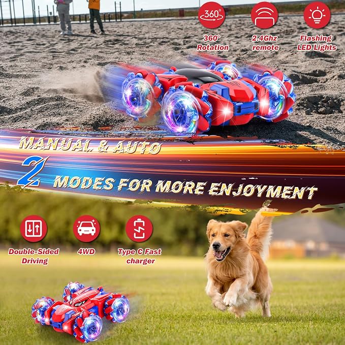 Punieayi Spider Remote Control Car, 2.4Ghz RC Cars with Headlight Double Sided Off-Road 360° Rotating Rechargeable 4WD RC Stunt Car Indoor Outdoor Spider Toys for Boys 4-6 5-7 8-13