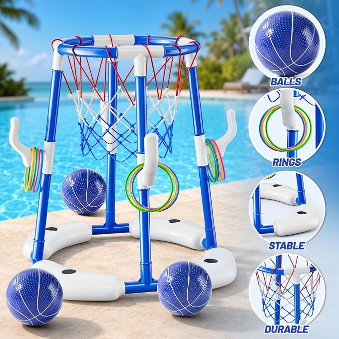 JUKUDAHU Pool Basketball Hoop, Boy Pool Toys for Kids Ages 4-8, 2-in-1 Floating Pool Ring Game with 4 Balls and Pump, Outdoor Swimming Water Play Toy, Summer Water Toys for Kids Adults Age 3-12