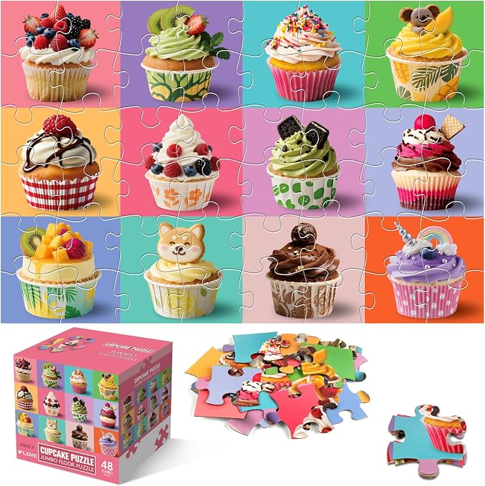 IFLOVE Cupcake Floor Puzzle for Kids — 48 Piece Jumbo Colorful Cupcakes Jigsaw Puzzle, Dessert-Themed Puzzle with Decorated Cupcakes, Educational Toy Birthday for Boys Girls Ages 3-8