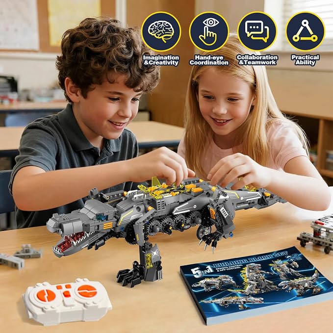 ADUSRIZ Dinasour Toys for Kids Building Set, 935 PCS App & Remote Control Robotics Kit, 5-in-1 Tyrannosaurus/Triceratop/Crocodile/Robot/Monster STEM Toys for Boys Girls Age 6 7 8 9 10 11 12+ Year Old