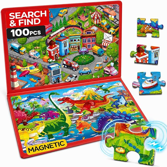 QUOKKA Magnetic Puzzles for Kids Ages 4-6 – 100 PCS Magnetic Puzzle Book for Toddlers 3-5 – 2 Puzzles & 2 Spot The Difference Maps – Search & Find Travel Games – Activity Book Dinos & City Cars