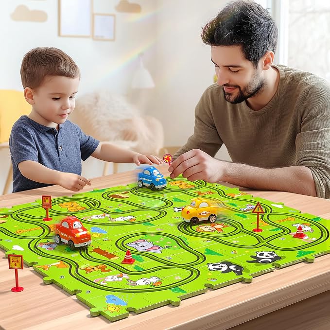 JUKUDAHU 64 Pieces Puzzle Race Track Car Set Toys for 3 4 5 6 Year Old Boys - Puzzle Tracks Car Toys for Kids Ages 3-5 with 3 Sliding Toy Cars, Animals-Themed, Birthday Gifts for Toddlers 1-3 2-4 4-6