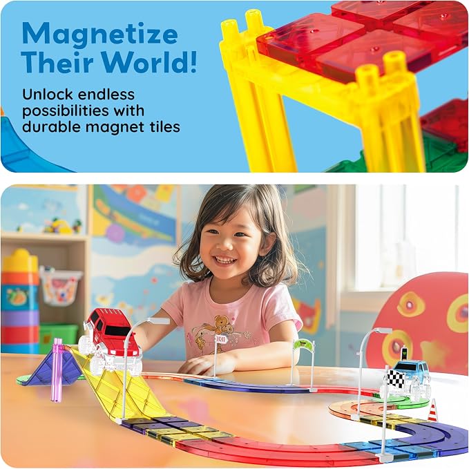 PicassoTiles 45pc Magnetic Tiles Race Track Set With 2 Racing Cars Plus Traffic Accessory Kit STEM Educational Learning Construction Building Magnet Tile Toy For Toddlers Boys Girls Kids Age 3+ PTR451