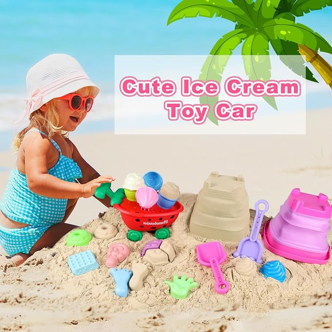 Meaicezli Beach Toys, Ice Cream Sand Toys with Collapsible Beach Bucket, Ice Cream Scoop and Cart, Sand Molds, Mesh Bag, Summer Outdoor Travel Toys for Toddlers 3-5