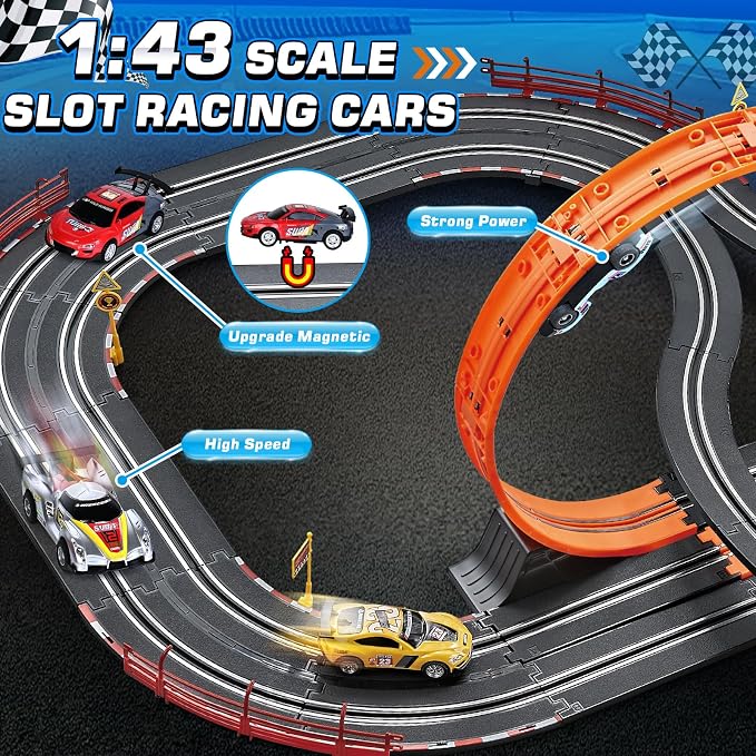 Boy Toys Gifts for 6 7 8-12 Years Old, Slot Car Race Track Sets with 4 Slot Cars, Battery or Electric Car Track for Boys, Dual Racing Game Lap Counter Circular Overpass Track Gifts for Kids