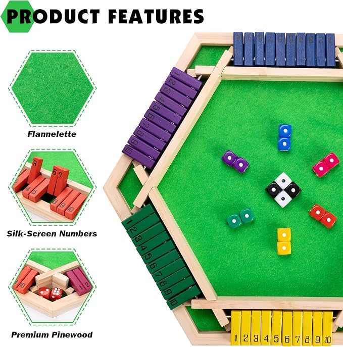 Shut The Box Game Large for 6 Players, 15 inch Wooden Board Table Math Game with 16 Dice and Instructions, Classics Close The Box Board Game