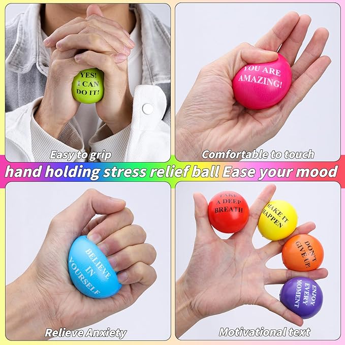 96 Pieces Motivational Stress Balls 2 Inch Inspirational Stress Relief Ball Bulk Hand Exercise Balls Encouraging Colorful Foam Balls Anxiety Small Balls with Quotes for Kids Adults Teens, 12 Styles