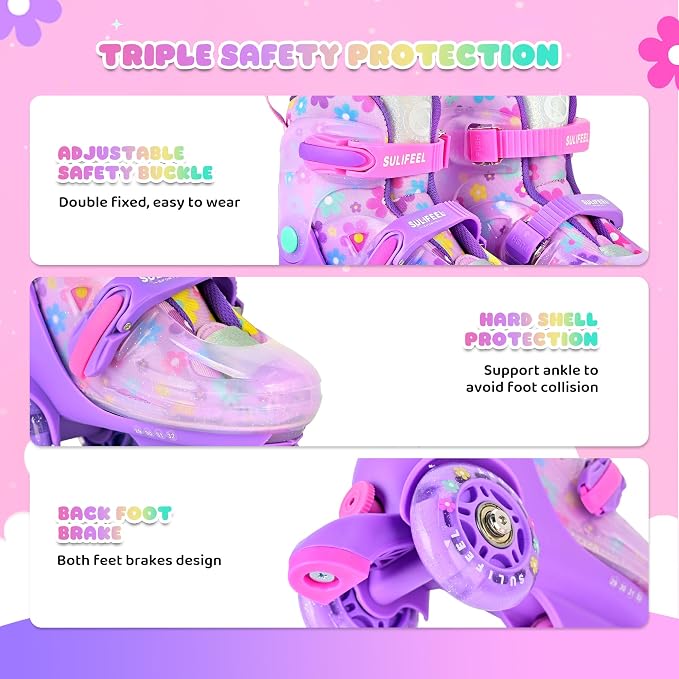 SULIFEEL Adjustable Roller Skates for Girls Boys Kids,Fun Illuminating Light Up Flash Wheels Three-Point Type Balance Suitable for Beginners Indoor Roller Skating