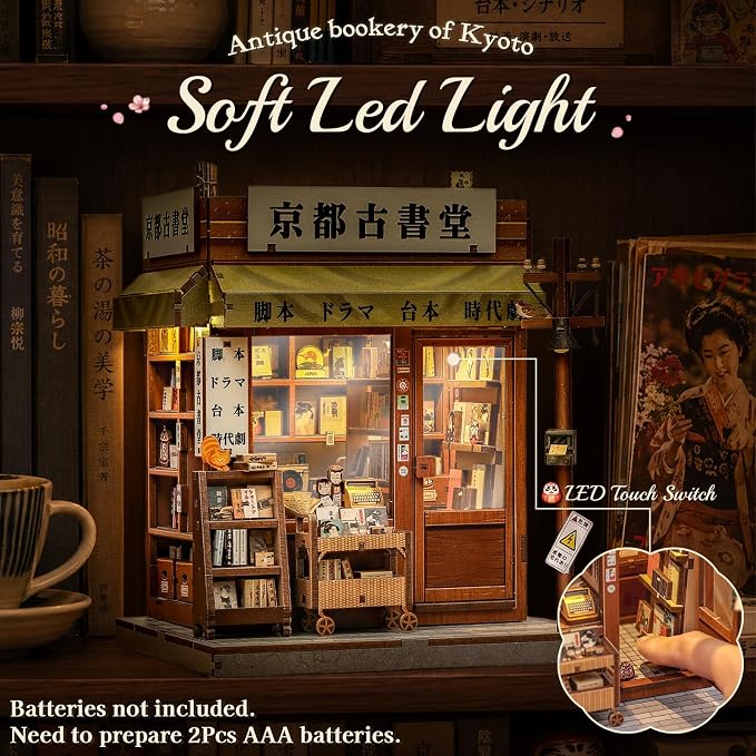 Cutefun Book Nook Kit - DIY Miniature Dollhouse kit for Adults, 3D Wooden Puzzle Vintage Japanese Bookshelf Insert Decor, Nostalgic Showa Era Craft Kits with LED (Antique Bookery of Kyoto)