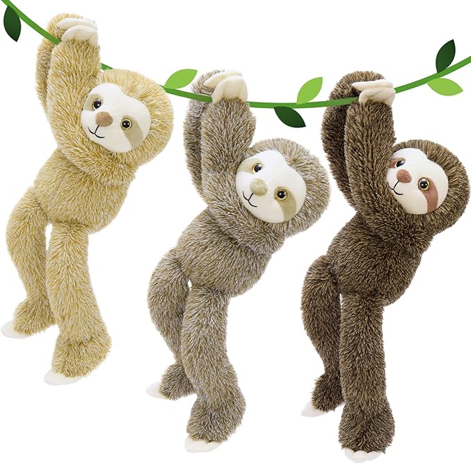 MorisMos 3Pcs Hanging Sloth Stuffed Animal, 16" Three Toed Sloth Plush Toy with Long Hands – Wearable & Huggable, Soft Cuddly Sloth Plushies for Home Decor, Christmas Birthday Gift for Kids Adults