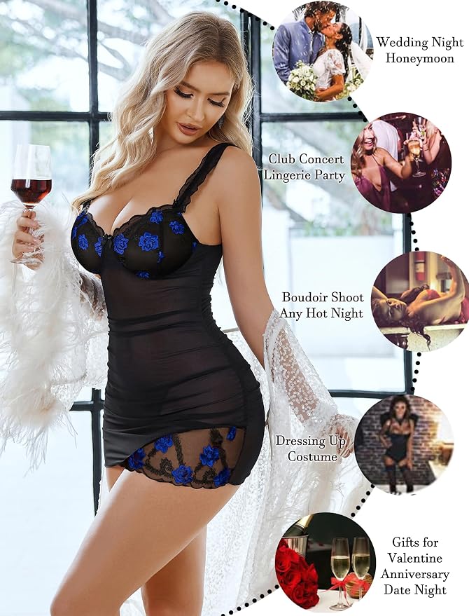 Avidlove Lingerie for Women Mesh Babydoll Lingeries Lace Chemise Floral Sleepwear Dress Sheer Exotic Boudoir Outfit S-XXL