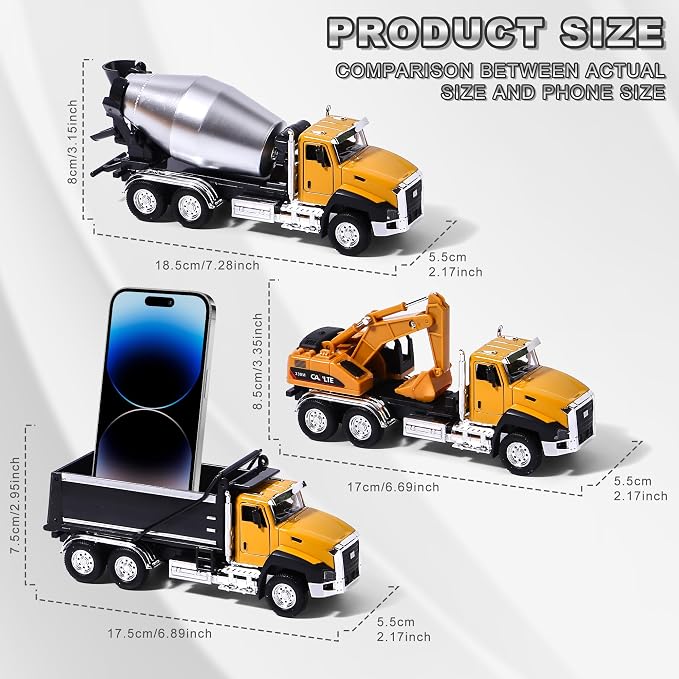 AIUAZA 1/50 Ratio die-Casting Engineering Construction Vehicle, Dump Truck, Excavator, Mixer, Alloy Collection Model car, Boy's Door Opening Pull Back car Toy (3pcs per Set)