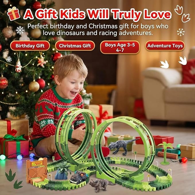 Dinosaur Race Track Toys for Boys 3-5, Double Loop Dinosaur Car Track Set, Flexible Adventure Race Track Playset for Boys Age 4-7 Birthday Gifts