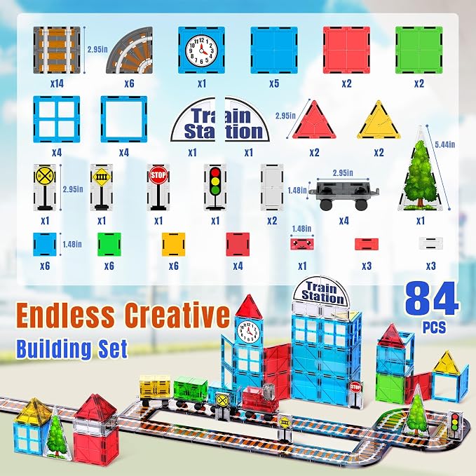 SKTMYY Train Toy Magnetic Tiles for Kids Ages 4-8 with Train Station Tracks | Magnet Building Blocks with Cars Signal Preschool Classroom STEM Montessori Toys Birthday Gifts for Boys Girls Toddler 3-5
