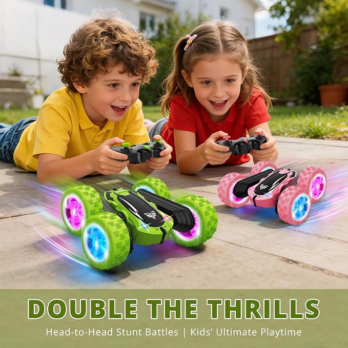 KKONES Remote Control Car, 2.4GHz Electric Race Stunt Car, Double Sided 360° Rolling Rotating Rotation, LED Headlights RC 4WD High Speed Off Road Gift for 3 4 5 6 7 8-12 Year Old Boy Toys (Green)