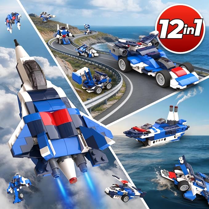 Apitor 12-in-1 STEM Building Blocks Kit for Kids Ages 6-12 | 139 Pcs Creative Construction Toy with Digital App & Paper Manual | Fighter Jet Model Build Robot DIY Activity Toy for Ages 6+ Years