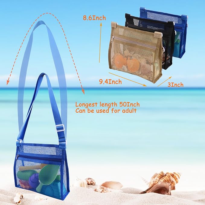 MUYIZI Mesh Beach Bag for Collecting Shells 3 Pack,Shell Bags for Beach,Sea Shell Bags for Picking Up Shells,Beach Shell Bag for Kids, Sand Toys Swimming Accessories for Boys and Girls