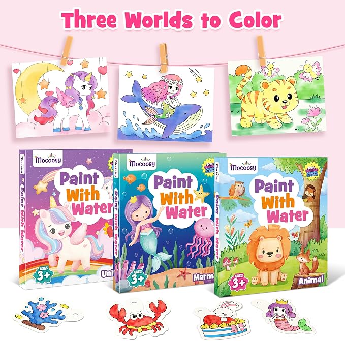 Mocoosy 3 Pack Paint with Water Coloring Books for Toddlers, Mess Free Watercolor Painting Set with Unicorn Mermaid Animal Themes, Travel Art Craft Activity for Kids, Birthday Gifts for Girls 3-5 4-8