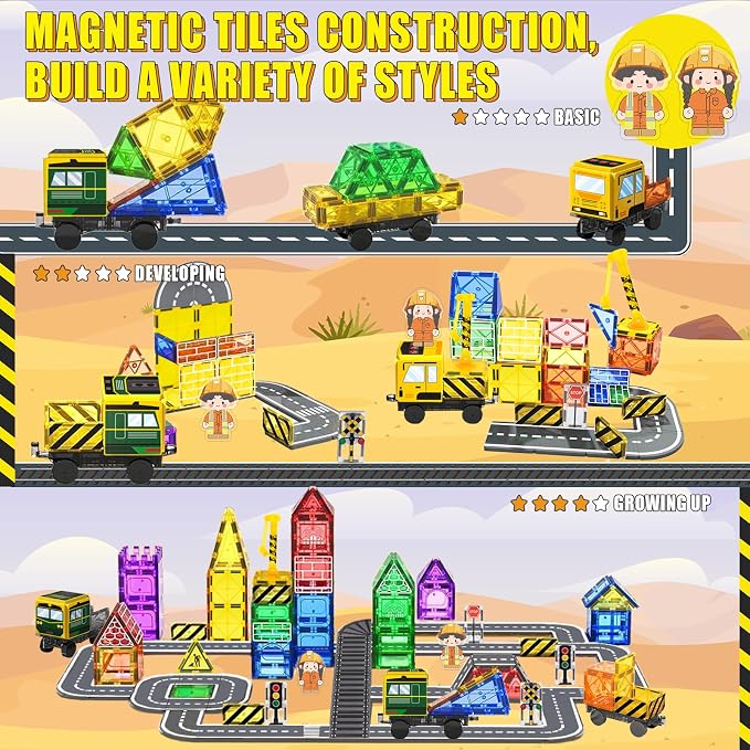 Magnetic Tiles Magnetic Construction Set with 2 Dolls, Cars, Train, Train Tracks, Building Sensory Toys for 3+ Year Old Boys & Girls Creative Kids Games Birthday Xmas Gifts
