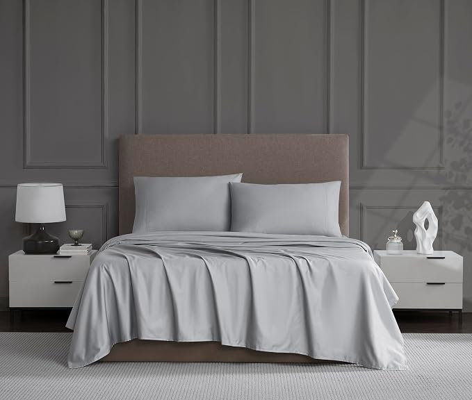 Linen Closet Luxury 1200 Thread Count Queen Sheet Set, 4 Pcs, Cotton Rich, Soft Silver, Soft, Durable & Wrinkle Resistant Sateen Sheets, Includes 16" Deep Pocket Fitted Sheet, Home & Hotel Essentials