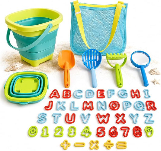 47pc Collapsible Beach Toys for Toddlers Kids ，Educational Sand Toys with Letter & Number Molds, Collapsible Bucket, Magnifying Glass, Mesh Bag -Travel Sandbox Toys for Boys Girls Age 3-10