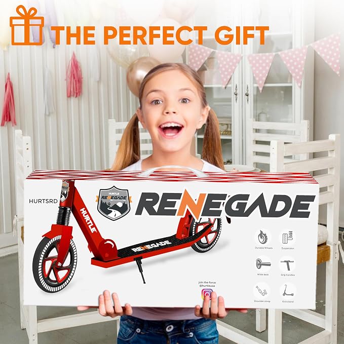 Hurtle Renegade Kick Scooter for Kids, Teenagers & Adults - 2-Wheel Folding Scooter with Adjustable T-Bar Handlebar - Alloy Anti-Slip Deck
