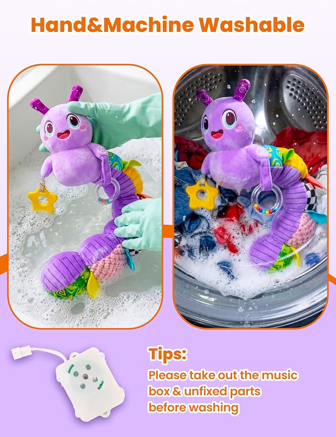 Musical Caterpillar Baby Sensory Toy for Infant Development 0-12 Months – Newborn Bath, Car Seat, Stroller & Bassinet Activity Toy & Gift – Tummy Time Crawler & Teether(Purple)