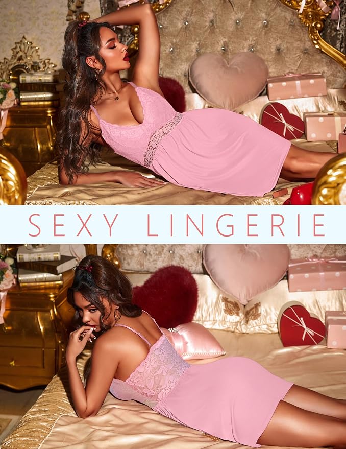 Ekouaer Lingerie for Women Sexy Nightgown Lace Trim Sleep Dress Chemise Nightgowns Sleeveless Night Gown Sleepwear S-3XL