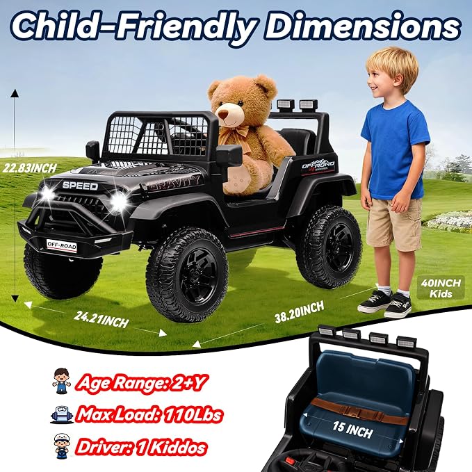 24V Jeep Power Wheels w/Remote Control, 4WD Ride on Truck Car, 3 Speed, Bluetooth Music, Wide Seat, Spring Suspension, LED Light, Birthday for Boys Girls Toddler (D-Black)