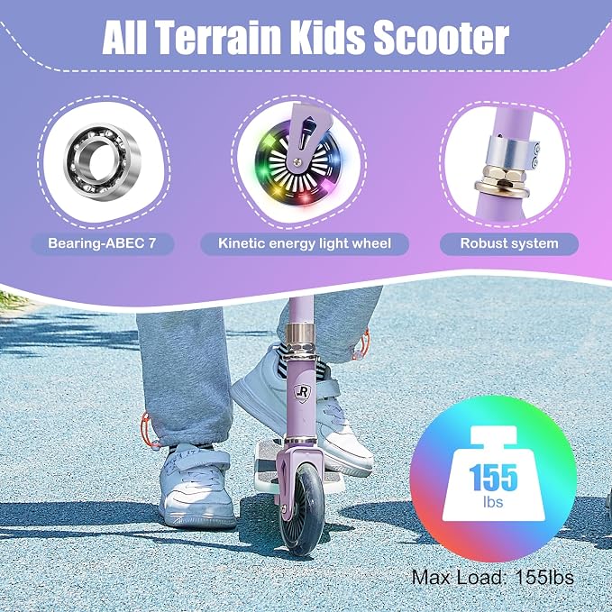 Rahmory Kick Scooter for Ages 5-12,Kid, Teens. Max Load 155 LBS. Foldable, Lightweight, with Light up Wheels and Dynamic Light Deck, Teen and Adults, 3 Adjustable Levels.