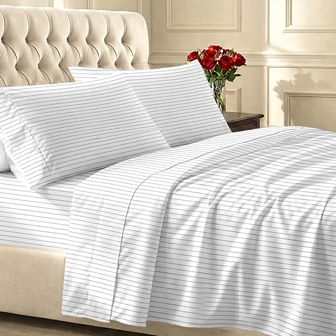 California Design Den Soft Cotton Cal King Size Bed Sheets Set, 400 TC Good Housekeeping Award Winner, Smooth Sateen Finish with Deep Pockets, Cozy and Durable Cal King Bedding Set - Pinstripe