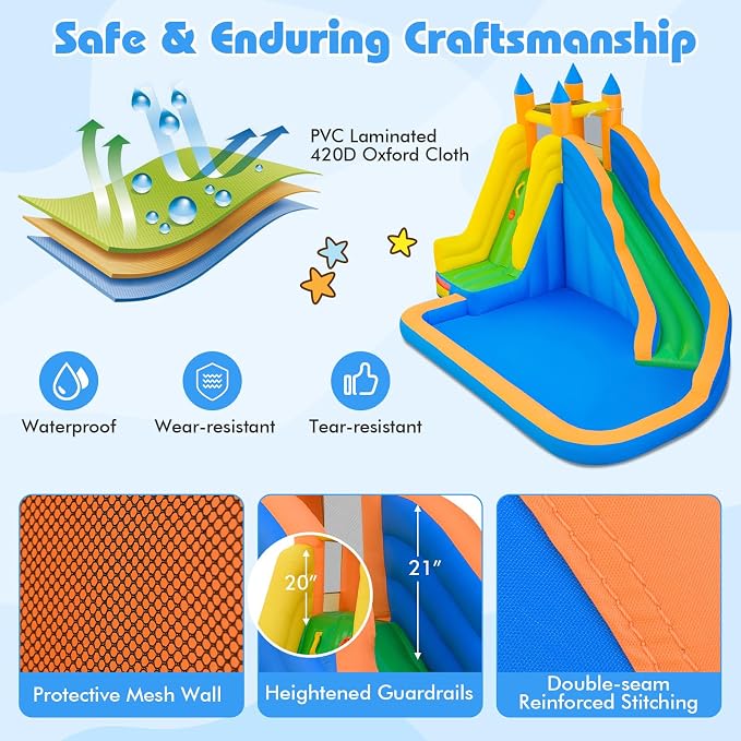 Costzon Inflatable Water Slide, Giant Bouncy Water Park Jump Castle Waterslide for Kids Backyard Outdoor Fun with Climbing Wall, Splash Pool, Blow up Water Slides Inflatables for Kids Party Gifts