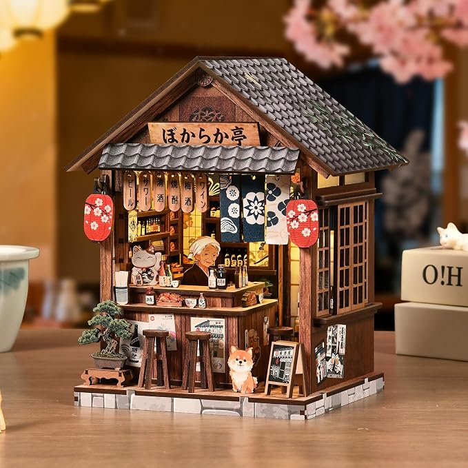 Book Nook Japan(Yiran Izakaya) Booknook Dollhouse Model, Decorative Bookshelf Display & Home Decor, 3D Wooden Puzzles Book Corner, DIY Miniature House Set