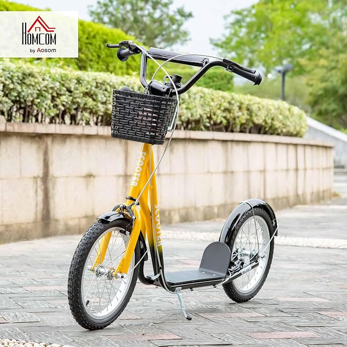 Aosom Youth Scooter, Kick Scooter with Adjustable Handlebars, Double Brakes, 16" Inflatable Rubber Tires, Basket, Cupholder
