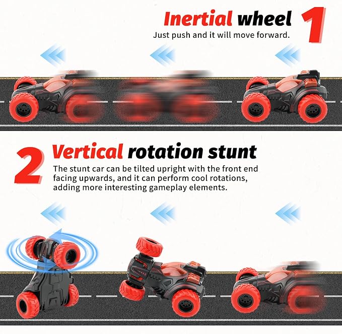 Friction Powered Flip Stunt Car, Push and Go Toy Car with 360° Upright Spin, Dual-Sided Rotating Off-Road Vehicle, Toy Car for Boys & Girls Ages 3+, No Batteries Required, (Red)