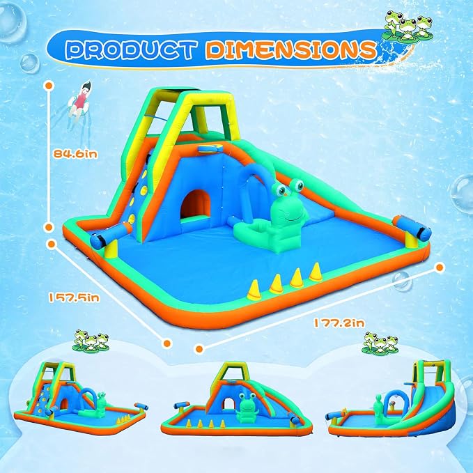 Bonnlo Inflatable Water Slide, Frog Design 8-in-1 Kids Water Park, with Climbing Wall, Blower Included, Backyard Summer Toy for Ages 3-8, Blue & Green