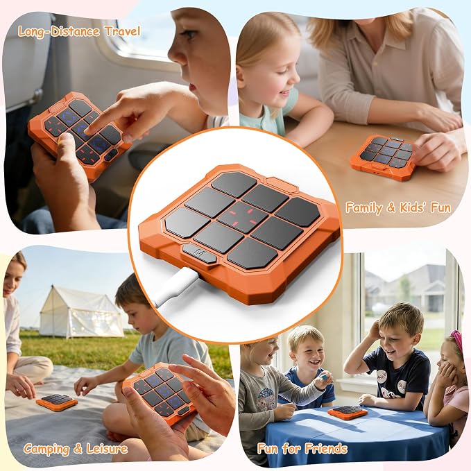 Tic Tac Toe Game, 6-in-1 Electronic Tic Tac Toe with Mute & Rechargeable - Handheld Travel Board Game for Kids Ages 4+, Adults, Family - Educational Learning Toy for Boys Girls, Orange