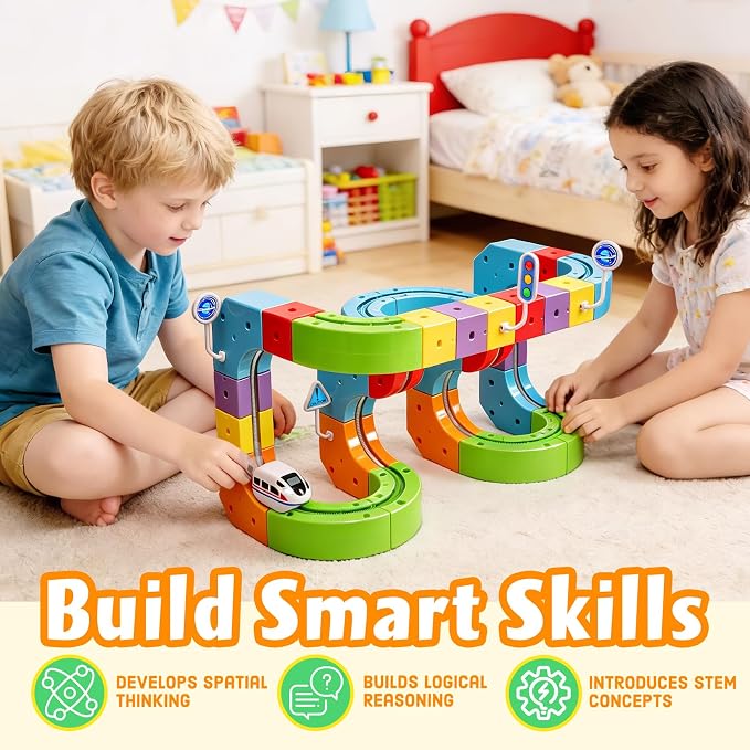 Electric Train Set for Kids, 83PCS Modular 3D Infinity Racer Magnetic Train Sets with Motorized Train, 3–8 STEM Building Train Tracks for Creative Learning, Electric Train Set Gift for Boys and Girls