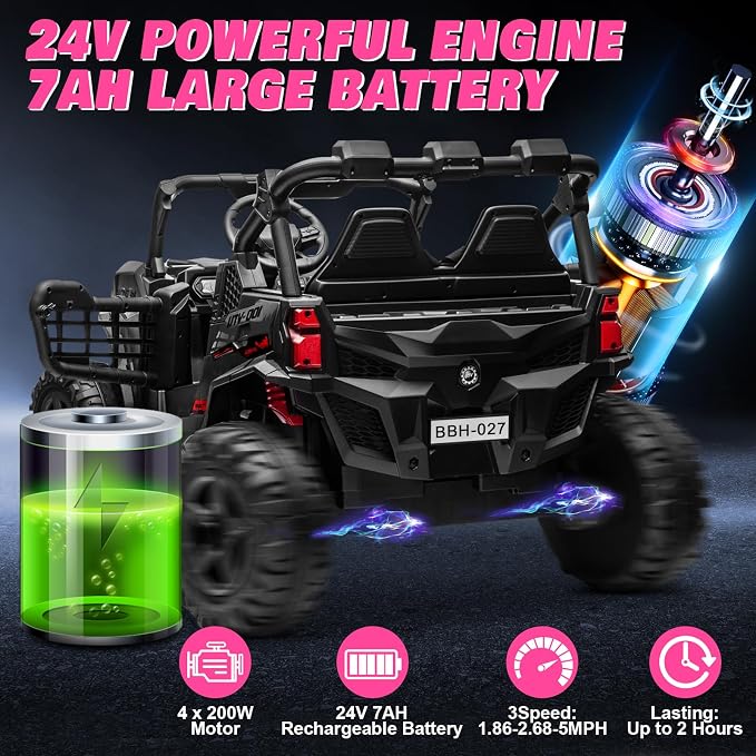 24V 2-Seater Ride On Car Truck w/4x200W, 20" Spacious Seat, 4WD/2WD Switchable, 5 Mph Max Speed, Rainbow Lights, Remote Control, Soft Start, Storage, Electric Car for Kids Ages 3-8, Black