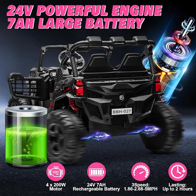 24V 2 Seater Ride on Car for Kids, MOEYURO 800W Powered UTV Toy, 5MPH Large Side by Side Electric Car w/Remote, Bluetooth, LED Light, 3 Speeds, Music, Spring Suspension, Storage, Black