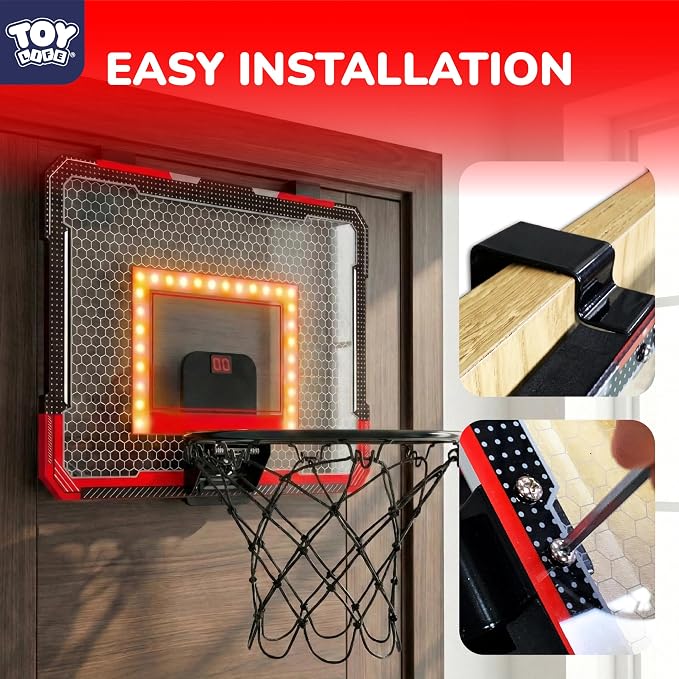 TOY Life LED Indoor Basketball Hoop for Kids, Over The Door Basketball Hoop Indoor Wall Mount with LED Scoreboard 4 Balls&Inflator, Basketball Game Toy for 3-9 Year Old