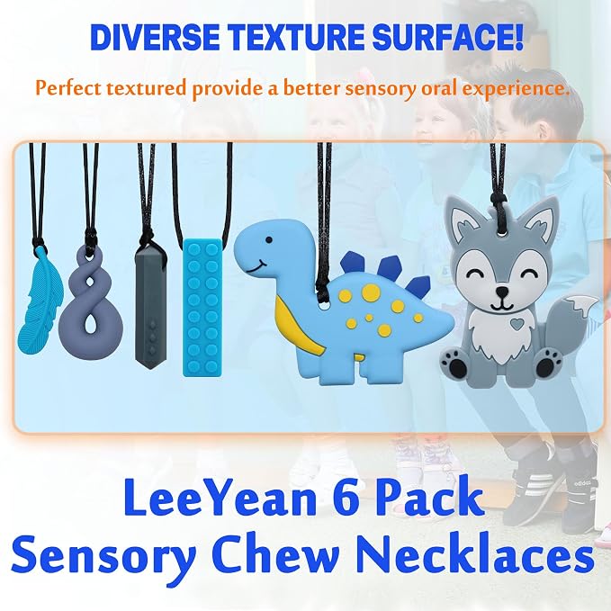 Chew Necklaces for Sensory Kids, Sensory Toys for Kids with Autism, ADHD, SPD, 6 Pack Chewy Necklace for Anxiety Fidgeting Relief