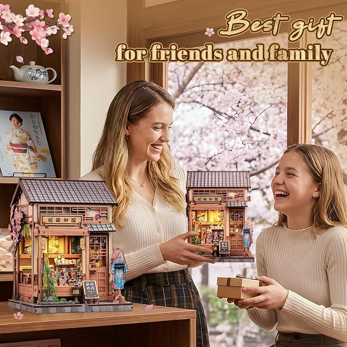 Cutefun Book Nook Kit - DIY Miniature Dollhouse Kit for Adults, Teens and Beginners, Japanese Sakura Tiny House Bookshelf Decor 3D Wooden Puzzles, Gifts for Friends & Family (Sakura Kimono Shop)