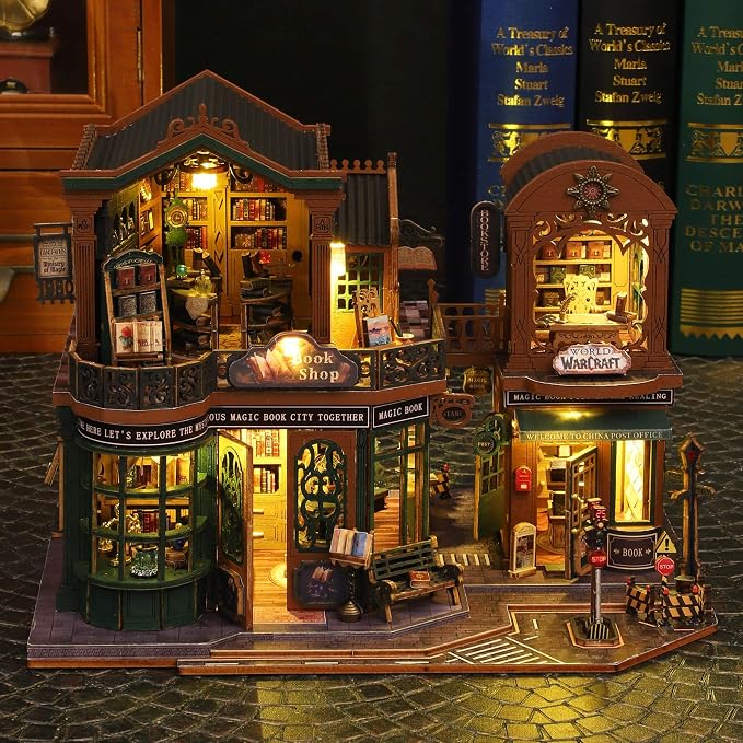 fifijoy DIY Dollhouse Miniature House Kit, Tiny House Kits Mini Doll House Model Building Sets, Wooden Miniature Kits for Adults (Magic Book City)