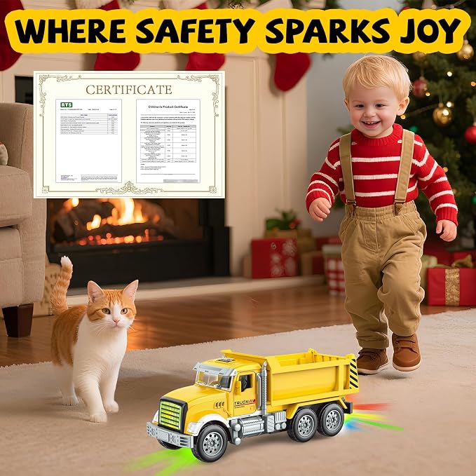 Car Toys for Toddlers, Dump Truck Toy with 1 Self-Lifting Bed, Lights Music Toy Trucks Construction Vehicle with 2 Opening Doors,Toys for 3 4 5 6 Year Old Boy Girl, Kids Christmas Birthday Gifts