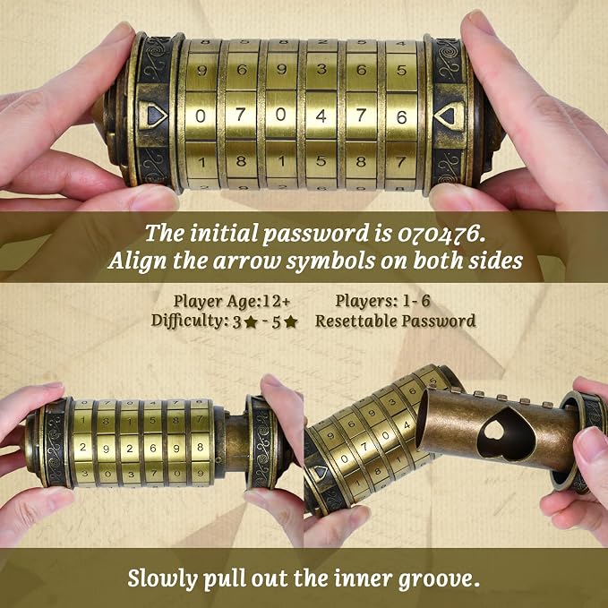 wellsee Da Vinci Code Mini Numbers Cryptex Brainteaser Puzzle Box,Metal Password Lock Cash Box with Hidden Compartment for Money,Challenge Game for Ages 12+ and Up,Unique Xmas Gifts for Her&Him,Bronze