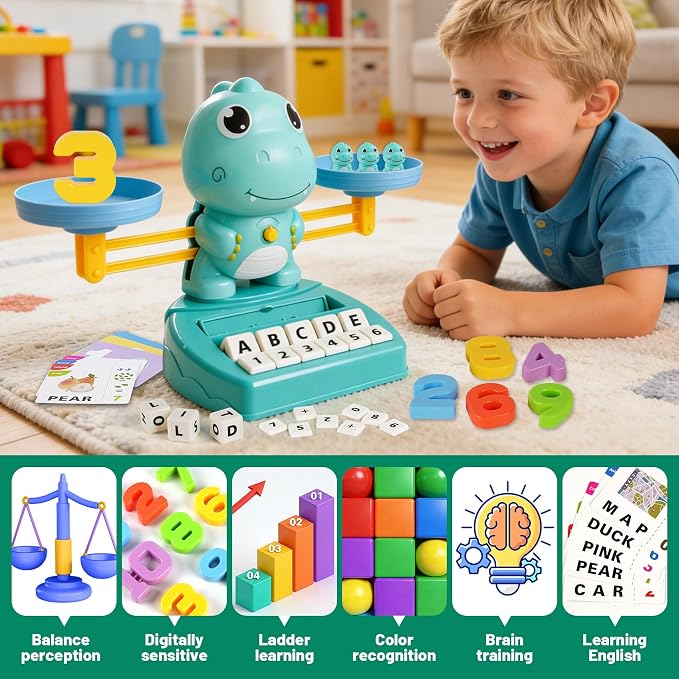 Upgraded Dinosaur Math Balance Toy with Number Blocks, Letter Cubes & 32 Learning Cards, Montessori Learning & Education Toys for Ages 3–7,Ideal Gift for Kids (Upgraded Blue)