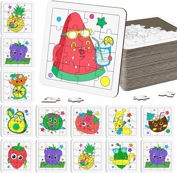 Cinrobiye 24 Pcs Fruit Coloring Puzzle Craft Kit for Kids, DIY Tropical Fruit Jigsaw Puzzles Bulk with 12 Designs, Summer Arts and Crafts for Tutti Frutti Party Favors, Classroom Rewards