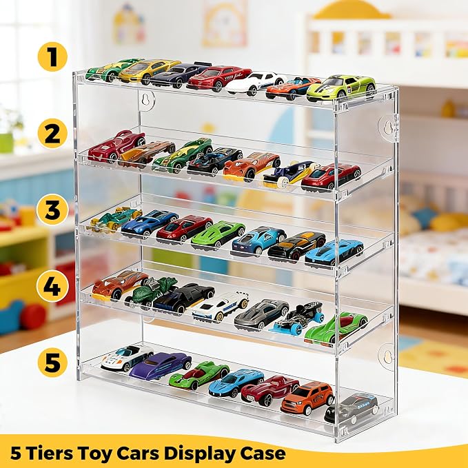 45+ Toy Cars Display Case, 5 Tier Plastic Wall Mount Storage Case for 1:64 Scale Toy Cars & Matchbox Cars, Diecast Cars Storage Organizer, Toy Car Display for Collectors & Kids