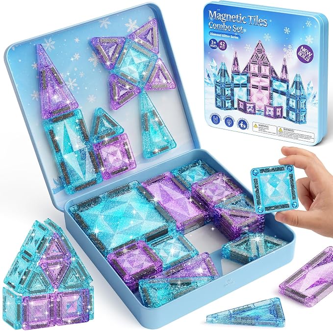 burgkidz Magnetic Travel Tiles for Kids 3-8: 42PCS Large & Small Ice Blue Purple Glitter Blocks – 2-in-1 Storage & Base – 90+ Min Quiet Play, 300+ Builds, 30s Cleanup – Car & Plane Toys for Girls